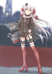 Rule 34 | 10s, 1girl, amatsukaze (kancolle), blurry, brown eyes, choker, depth of field, dress, fu-ta, garter straps, highres, kantai collection, long hair, looking at viewer, personification, rensouhou-kun, sailor dress, serious, short dress, silver hair, single glove, solo, standing, thighhighs, twintails, two side up, zettai ryouiki