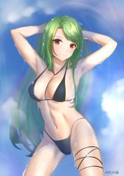 Rule 34 | 1girl, azur lane, between breasts, bikini, black bikini, blue sky, breasts, breasts apart, cleavage, cowboy shot, day, green eyes, halterneck, hand on headwear, head tilt, highleg, highleg bikini, large breasts, legs apart, littorio (azur lane), littorio (the glory of naples) (azur lane), long hair, looking at viewer, maoyao-ll, navel, outdoors, red eyes, simple background, sky, smile, solo, standing, strap, strap between breasts, string bikini, swept bangs, swimsuit, thigh strap, thighs, tight clothes, very long hair, water, wet, wet hair