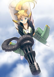 Rule 34 | 1girl, a-10, a-10 thunderbolt ii, ammunition belt, ammunition chute, animal ears, attack aircraft, autocannon, bakushiishi at, between breasts, blonde hair, blue eyes, breasts, cannon, close air support, cloud, destruction, gatling gun, gau-8 avenger, grin, gun, gunship, high ponytail, long hair, looking at viewer, mecha musume, medium breasts, multiple-barrel firearm, open clothes, open shirt, original, outdoors, ponytail, rotary cannon, shirt, sky, smile, solo, strike witches, striker unit, weapon, world witches series