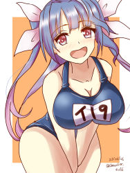 Rule 34 | 1girl, between legs, blue hair, blue one-piece swimsuit, blush, breasts, cleavage, dated, flower-shaped pupils, hair between eyes, hair ribbon, highres, i-19 (kancolle), kantai collection, large breasts, name tag, one-piece swimsuit, open mouth, orange background, ribbon, sawatani (chevalier 04056), school swimsuit, solo, swimsuit, symbol-shaped pupils, tri tails, twitter username, white background