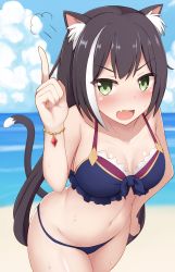 Rule 34 | 1girl, animal ear fluff, animal ears, bikini, black hair, blush, bracelet, breasts, cat ears, cat tail, cleavage, fang, flustered, green eyes, highres, jewelry, karyl (princess connect!), karyl (summer) (princess connect!), md5 mismatch, navel, pointing, pointing up, princess connect!, resolution mismatch, solo, source smaller, swimsuit, tail, user mjnt2772, wet