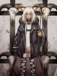 Rule 34 | animal ears, arknights, beeswax (arknights), black collar, black jacket, collar, dark-skinned female, dark skin, dress, feet out of frame, flat chest, goat ears, goat girl, goat horns, holding, holding staff, horns, infection monitor (arknights), jacket, leg wrap, long hair, looking at viewer, medium hair, open clothes, open jacket, ruyu (txzy22), staff, straight-on, white dress, white hair, yellow eyes