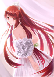 Rule 34 | 1girl, backless dress, backless outfit, brown eyes, crying, crying with eyes open, diadem, dress, earrings, heart, heart earrings, highres, jewelry, long hair, looking at viewer, original, red hair, solo, tears, wedding dress, white dress, xiaoyin li