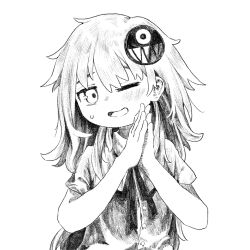 Rule 34 | 1girl, begging, blush, commentary request, dress shirt, game club (mozou crystal), greyscale, hair ornament, hands up, hatching (texture), highres, kilsturgeon, long hair, looking at viewer, messy hair, monochrome, neck ribbon, nervous smile, one eye closed, open mouth, own hands together, palms together, raised eyebrow, ribbon, shirt, short sleeves, simple background, smile, solo, sweatdrop, turning head, upper body, yukina okano