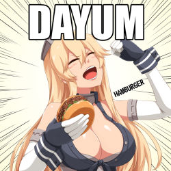Rule 34 | 1girl, blonde hair, breasts, burger, cleavage, closed eyes, darkmaya, daym drops, elbow gloves, emphasis lines, english text, fingerless gloves, food, front-tie top, gloves, hair between eyes, headgear, iowa (kancolle), kantai collection, large breasts, long hair, meme, parody, profanity, real life, solo, star (symbol), youtube
