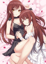 Rule 34 | 2girls, bare shoulders, black dress, blush, breasts, brown eyes, brown hair, choker, cleavage, commentary request, dress, hair between eyes, highres, holding hands, idolmaster, idolmaster shiny colors, interlocked fingers, long hair, looking at viewer, medium breasts, multiple girls, osaki amana, osaki tenka, parted lips, petals, siblings, sisters, smile, thighs, twins, urabi (tomatohouse), white dress, wrist cuffs, yellow eyes