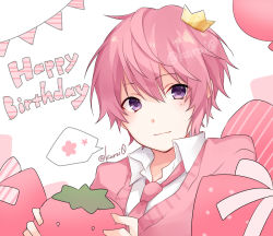 Rule 34 | 1boy, blush, closed mouth, collared shirt, copyright request, crown, hair between eyes, happy birthday, holding, kuroi (liar-player), light smile, looking at viewer, male focus, mini crown, necktie, pennant, pink hair, pink necktie, pink sweater, purple eyes, shirt, solo, string of flags, sweater, tilted headwear, twitter username, upper body, utaite, white background, white shirt