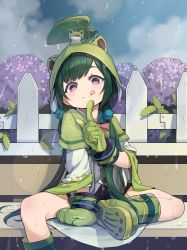 Rule 34 | 1girl, absurdres, animal, animal hood, animal on head, bench, boots, capelet, check copyright, commentary request, copyright request, flower, fluf.p, frog, frog hood, gloves, green capelet, green footwear, green gloves, green hair, hair ornament, highres, hood, huge filesize, hydrangea, leaf, long hair, looking at viewer, on head, original, outdoors, pink eyes, purple flower, rain, shirt, sitting, smile, solo, tongue, tongue out, white shirt, wide sleeves