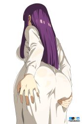 1girl artist_name ass ass_focus bluesky_logo dress fanbox_logo fern_(sousou_no_frieren) from_behind long_hair long_sleeves pixiv_logo purple_hair simple_background solo sousou_no_frieren tsuranukko twitter_x_logo white_background white_dress