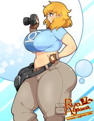 Rule 34 | 1girl, agawa ryou, artist name, ass, belt, blonde hair, breasts, camera, eyebrows, fingerless gloves, freckles, glasses, gloves, hand on own hip, huge ass, huge breasts, midriff, plump, short hair, solo, thick eyebrows, thick thighs, thighs, web address