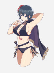 Rule 34 | 1girl, arm up, bikini, black bikini, blue eyes, blue hair, breasts, byleth (female) (fire emblem), byleth (female) (summer) (fire emblem), byleth (fire emblem), cleavage, closed mouth, dagger, fire emblem, fire emblem: three houses, fire emblem heroes, flower, hair flower, hair ornament, highres, knife, large breasts, nintendo, official alternate costume, riromomo, sheath, sheathed, simple background, solo, swimsuit, weapon