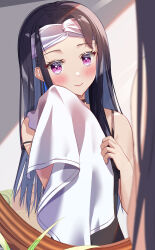Rule 34 | 1girl, absurdres, black camisole, black choker, black hair, blue hair, blush, camisole, choker, collarbone, colored inner hair, hair behind ear, head tilt, headband, highres, holding, holding towel, hyon 2525, ichinose uruha, long hair, looking at viewer, lupinus virtual games, mirror, multicolored hair, plant, purple eyes, smile, solo, towel, upper body, very long hair, virtual youtuber, vspo!, white headband, wiping face