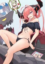Rule 34 | 2girls, :3, = =, ahoge, akashi (azur lane), antenna hair, antique phone, azur lane, bikini, black bikini, black horns, breasts, cat girl, clothes hanger, commentary request, green hair, hair on horn, hair over one eye, highres, holding, holding phone, horns, huge horns, innertube, long hair, long horns, magazine (object), marshall k, multiple girls, navel, non-humanoid robot, open mouth, phone, pink hair, prinz rupprecht (azur lane), purple eyes, robot, robot dragon, rotary phone, scharnhorst (azur lane), side-tie bikini bottom, sleeves past fingers, sleeves past wrists, small breasts, stomach, swim ring, swimsuit, talking on phone