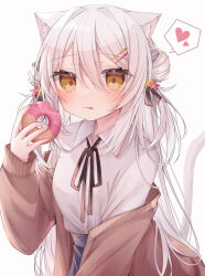 Rule 34 | 1girl, animal ear fluff, animal ears, black ribbon, black skirt, blush, brown cardigan, brown eyes, cardigan, cat ears, cat girl, cat tail, closed mouth, collared shirt, commentary request, double bun, doughnut, dress shirt, food, food on face, grey hair, hair between eyes, hair bun, hair intakes, hair ornament, hair ribbon, hairclip, heart, highres, holding, holding food, licking lips, long hair, long sleeves, looking at viewer, neck ribbon, off shoulder, open cardigan, open clothes, original, puffy long sleeves, puffy sleeves, ribbon, ringouulu, school uniform, shirt, simple background, skirt, sleeves past wrists, solo, spoken heart, star (symbol), star hair ornament, tail, tongue, tongue out, very long hair, white background, white shirt
