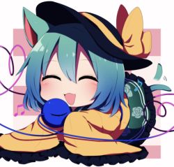 Rule 34 | 1girl, animal ears, black hat, border, bow, cat ears, cat tail, chibi, closed eyes, green hair, green skirt, hair between eyes, hat, highres, komeiji koishi, long sleeves, open mouth, short hair, simple background, skirt, smile, solo, tail, touhou, white border, yellow bow, yellow sleeves, you (noanoamoemoe)