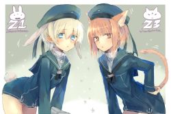 Rule 34 | 10s, 2girls, animal ears, blonde hair, blue eyes, blush, brown eyes, brown hair, rabbit ears, rabbit tail, cat ears, cat tail, character name, hand on own hip, hat, kantai collection, kemonomimi mode, leaning forward, looking at viewer, multiple girls, open mouth, short hair, sketch, tail, yukko, z1 leberecht maass (kancolle), z3 max schultz (kancolle)