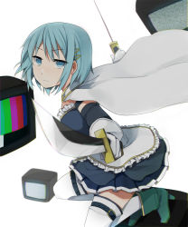 Rule 34 | 10s, blue eyes, blue hair, cape, foreshortening, gloves, highres, mahou shoujo madoka magica, mahou shoujo madoka magica (anime), miki sayaka, short hair, solo, static, sword, television, test card, thighhighs, tsuduya (knt31), weapon