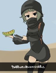 Rule 34 | 1girl, artist request, covered mouth, dark-skinned female, dark skin, desert, food, fruit, green eyes, green hair, half-closed eyes, holster, isil, isis-chan, jitome, knife, looking at viewer, matching hair/eyes, melon, meme, neta, non-web source, pointing, real life, shoulder holster, sky, solo, source request, text focus, thighhighs, translation request, turban