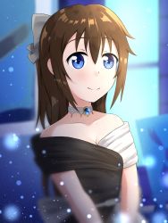 Rule 34 | 1girl, aqua eyes, artist name, artist request, back bow, bare shoulders, belt, black dress, black gloves, blue eyes, blue sky, blush, bow, bow hairband, breasts, brooch, brown hair, building, buttons, choker, cleavage, close-up, cloud, collarbone, diamond (gemstone), dress, drop earrings, earrings, evening gown, female focus, gloves, grey belt, grey bow, hair between eyes, hair bow, hairband, half updo, high ponytail, highres, jewelry, lace, lace gloves, long hair, looking at viewer, love live!, love live! nijigasaki high school idol club, love live! school idol festival, multicolored clothes, multicolored dress, night, night sky, off-shoulder dress, off shoulder, osaka shizuku, outdoors, parted lips, plaid, plaid dress, pleated, pleated dress, ponytail, sky, sleeveless, sleeveless dress, small breasts, smile, solitude rain (love live!), solo, star (sky), two-tone dress, upper body, white bow, white choker, white dress