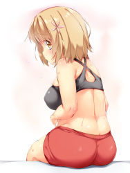 Rule 34 | 1girl, ass, back, belly, black bra, blush, bra, breasts, brown eyes, brown hair, dimples of venus, dripping, facing away, flower, hair flower, hair ornament, halterneck, hand on own stomach, highres, idolmaster, idolmaster cinderella girls, large breasts, looking at viewer, looking back, medium hair, mimura kanako, pedocchi, plump, raised eyebrows, red shorts, shorts, simple background, sitting, solo, sports bra, sportswear, sweat, thighs, underwear, white background