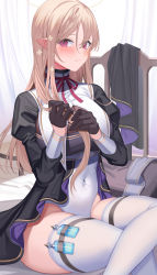 Rule 34 | 1girl, absurdres, amahara subaru, black dress, blush, bottle, braid, braided bangs, breasts, brown gloves, brown hair, closed mouth, covered navel, crossed legs, curtains, dress, elf, feet out of frame, gloves, highres, holding, holding hair, large breasts, leotard, long hair, long sleeves, on bed, original, pink eyes, pointy ears, red ribbon, ribbon, sitting, solo, thigh strap, thighhighs, white leotard, white thighhighs