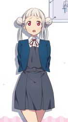 Rule 34 | 1girl, :o, arashi chisato, arms behind back, artist name, artist request, bare legs, belt, blue cardigan, blue jacket, blush, bow, bowtie, breasts, buttons, cardigan, collared shirt, cropped jacket, double bun, dress, dress shirt, female focus, grey belt, grey shirt, grey skirt, hair bun, hair tie, highres, jacket, long hair, long sleeves, looking at viewer, love live!, love live! superstar!!, miniskirt, neck ribbon, o-ring, o-ring belt, parted lips, plaid, plaid skirt, pleated, pleated skirt, red bow, red eyes, red ribbon, ribbon, school uniform, shirt, skirt, small breasts, smile, solo, sparkle, standing, twintails, white background, white hair, white shirt, wing collar, worried, yuigaoka school uniform