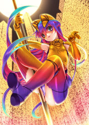 aqua_hair blue_eyes boots elbow_gloves gloves goggles gradient_hair hair_ornament highres kill_time_communication long_hair looking_at_viewer miss_black multicolored_hair open_mouth panties pink_hair pole purple_hair smile solo underwear ziggurat_(manga)