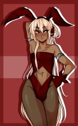 Rule 34 | 1boy, androgynous, animal ears, arm behind head, armband, armpits, bare shoulders, blush, border, bulge, clothing cutout, commentary, crossdressing, dark-skinned male, dark skin, eyebrows, eyeliner, fake animal ears, fishnet pantyhose, fishnets, gloves, hand on own hip, highres, leotard, long hair, looking away, makeup, male focus, male playboy bunny, mole, mole under eye, mole under mouth, navel, navel cutout, original, pantyhose, pink hair, playboy bunny, pride-kun, pursed lips, rabbit ears, red border, red eyes, red gloves, sashura (pride-kun), solo, thick eyebrows, trap, unmoving pattern