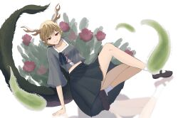 Rule 34 | 1girl, antlers, arm support, black footwear, blonde hair, blue shirt, blue skirt, breasts, dragon girl, dragon horns, dragon tail, flower, full body, grin, highres, horns, kicchou yachie, looking at viewer, mary janes, midriff peek, momitoekk, pleated skirt, pointy ears, red eyes, reflective floor, shirt, shoe soles, shoes, short hair, simple background, skirt, small breasts, smile, smirk, socks, solo, square neckline, tail, touhou, turtle shell, white background, white socks, yellow horns