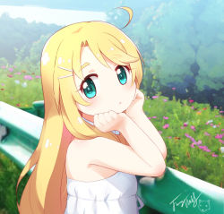 Rule 34 | 1girl, :&lt;, ahoge, bare arms, bare shoulders, blonde hair, blurry, blurry background, blush, closed mouth, commentary request, day, depth of field, dress, flower, green eyes, hair ornament, hairclip, himesaka noa, langbazi, long hair, looking at viewer, looking to the side, outdoors, pink flower, railing, signature, sleeveless, sleeveless dress, solo, tree, watashi ni tenshi ga maiorita!, white dress