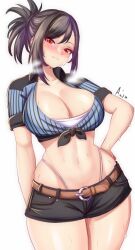 Rule 34 | 1girl, anisdrawn, belt, black shorts, blue shirt, blush, brown belt, commentary, cowboy shot, final fantasy, final fantasy vii, final fantasy vii rebirth, final fantasy vii remake, grin, highleg, highleg panties, highres, looking at viewer, midriff, navel, nose blush, panties, parted lips, ponytail, shirt, short shorts, short sleeves, shorts, sidelocks, simple background, smile, solo, standing, stomach, striped clothes, striped shirt, thighs, tied shirt, tifa lockhart, underwear, vertical-striped clothes, vertical-striped shirt, white background