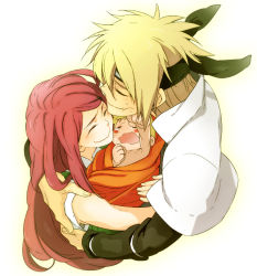 Rule 34 | 1girl, 2boys, age difference, baby, baby carry, blonde hair, blush stickers, carrying, closed eyes, family, father and son, forehead protector, group hug, hug, husband and wife, long hair, maco latte, mother and son, multiple boys, namikaze minato, naruto (series), naruto shippuuden, punching, red hair, short hair, smile, uzumaki kushina, uzumaki naruto, aged down