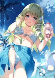 Rule 34 | 1girl, :d, bikini, blue bikini, blue eyes, blue sky, blush, breasts, cameltoe, cloud, commentary request, cowboy shot, day, food, frog hair ornament, from below, green hair, hair ornament, hair tubes, hand in own hair, hands up, holding, ice cream, kochiya sanae, large breasts, lens flare, long hair, looking at viewer, miyase mahiro, open mouth, outdoors, palm tree, sarong, sky, smile, snake hair ornament, solo, standing, stomach, striped bikini, striped clothes, swimsuit, thighs, touhou, tree, umbrella, water drop, white bikini