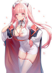 Rule 34 | 1girl, azur lane, black choker, black jacket, blunt bangs, blush, breasts, choker, cleavage, closed mouth, collared dress, commentary request, dress, gloves, half gloves, hand on own hip, hand up, hat, highres, id card, jacket, lanyard, large breasts, leaning forward, long hair, long sleeves, looking at viewer, off shoulder, open clothes, open jacket, perseus (azur lane), perseus (unfamiliar duties) (azur lane), petals, pink gloves, pink hair, red eyes, ririko (zhuoyandesailaer), see-through, simple background, solo, thighhighs, twintails, very long hair, white background, white dress, white hat, white thighhighs, wide sleeves