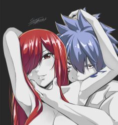 Rule 34 | 1boy, 1girl, arms behind head, black background, blue hair, breasts, cleavage, couple, erza scarlet, facial mark, fairy tail, hair between eyes, hair over one eye, hand in another&#039;s hair, hand on another&#039;s chin, hetero, highres, jellal fernandes, large breasts, long hair, mashima hiro, nude, official art, parted lips, partially colored, red eyes, red hair, short hair, signature, smile, smirk, spiked hair, upper body
