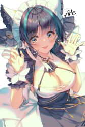 Rule 34 | 1girl, :3, aile (crossroads), artist name, azur lane, black hair, blush, breasts, cheshire (azur lane), cleavage, dress, earrings, green hair, happy, headdress, jewelry, large breasts, maid, multicolored eyes, multicolored hair, open mouth, paw pose, sidelocks, solo, streaked hair, waving