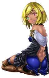 Rule 34 | 1girl, back, bad id, bad pixiv id, bare shoulders, black thighhighs, blonde hair, boots, dark-skinned female, dark skin, elf, from behind, heterochromia, high heels, lips, looking back, original, pleated skirt, pointy ears, shoes, short hair, simple background, sitting, skirt, smile, solo, thigh boots, thighhighs, unowen, wariza, white background