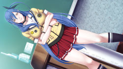 Rule 34 | 1girl, blue hair, bracelet, breasts, chalkboard, classroom, crossed arms, game cg, hair ribbon, highres, ikazaki reia, jewelry, large breasts, legs, long hair, looking at viewer, p/a: potential ability, ribbon, school, school uniform, sei shoujo, serious, skirt, socks, solo, spiked bracelet, spikes, standing, thighs, yellow eyes