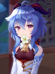 Rule 34 | ahoge, bare shoulders, bell, blue hair, blush, bow, bowtie, breasts, detached sleeves, flower, flower in mouth, ganyu (genshin impact), genshin impact, gold trim, horns, looking at viewer, medium breasts, meifu (meowmere), neck bell, purple eyes, qingxin flower, sidelocks, solo, white sleeves
