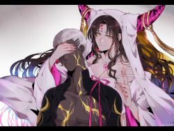 Rule 34 | 1boy, 1girl, archer (fate), black hair, breasts, chest tattoo, cleavage, covering own eyes, dark-skinned male, dark skin, emiya alter, emiya alter (third ascension) (fate), fate/extra, fate/extra ccc, fate/grand order, fate (series), grey hair, horns, long hair, muscular, open mouth, parted bangs, ribbon, sessyoin kiara, short hair, smile, tattoo, veil, yellow eyes