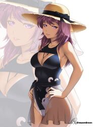 Rule 34 | 1girl, alternate costume, black one-piece swimsuit, breasts, cleavage, commission, eremiya (fire emblem), etchimune, fire emblem, fire emblem: new mystery of the emblem, large breasts, long hair, looking at viewer, nintendo, one-piece swimsuit, purple eyes, purple hair, see-through, smile, solo, swimsuit, thighs, zoom layer