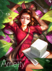 Rule 34 | 10s, 1girl, arrietty, bag, breasts, brown hair, closed eyes, clothes pin, copyright name, dress, english text, eyebrows, eyelashes, flower, highres, karigurashi no arrietty, leaf, liang xing, lips, long hair, lying, medium breasts, mini person, minigirl, nose, on back, paper, petals, pin, ponytail, red dress, shoulder bag, sleeping, solo, studio ghibli, sugar cube, sunlight, text focus, water, water drop