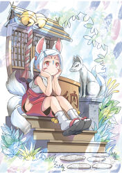 Rule 34 | 1girl, absurdres, animal ears, bare shoulders, bell, black footwear, closed mouth, commentary request, facial mark, hakama, hakama pants, hands on own chin, head rest, highres, hip vent, inari, japanese clothes, kimono, multiple tails, okobo, original, outdoors, pants, plant, pop (electromagneticwave), red eyes, red pants, rope, sandals, short hair, sidelocks, sleeveless, sleeveless kimono, socks, solo, statue, tabi, tail, two side up, white hair, white socks, white tail