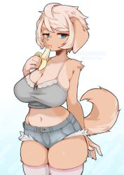 Rule 34 | 1girl, :i, animal ears, artist name, banana, blonde hair, blue eyes, body fur, breasts, cleavage, coffeechicken, commentary, cowboy shot, cutoffs, denim, denim shorts, dog ears, dog tail, eating, english commentary, food, fruit, furry, furry female, gradient background, half-closed eyes, highres, holding, holding food, large breasts, looking at viewer, midriff, navel, original, short hair, short shorts, shorts, solo, stomach, tail, thighhighs, thighs, twitter username, vao (coffeechicken), white background, white thighhighs