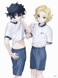 Rule 34 | 2boys, absurdres, androgynous, arm behind back, bishounen, black hair, blonde hair, blue shorts, brown eyes, clothes lift, forehead, green eyes, gym uniform, hair between eyes, hand on own hip, hand up, highres, lifting own clothes, light smile, looking at viewer, male focus, messy hair, multiple boys, navel, original, parted lips, shirt lift, short hair, short sleeves, shorts, signature, simple background, socks, standing, white background, white socks, yo4zai