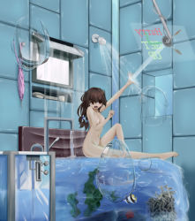 Rule 34 | 1girl, breasts, commentary request, feet, fish, ilis, long hair, nude, open mouth, sitting, solo, water