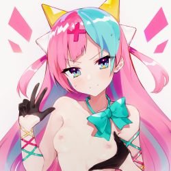 Rule 34 | 1girl, aqua bow, aqua bowtie, aqua eyes, aqua hair, black gloves, blush, bow, bowtie, breasts, closed mouth, collarbone, cross hair ornament, gloves, hair ornament, half gloves, hand up, head tilt, highres, hoshiineko, long hair, looking at viewer, multicolored hair, nipples, pink hair, pinky pop hepburn, simple background, small breasts, smile, solo, sweat, the moon studio, topless, two-tone hair, two side up, upper body, v-shaped eyebrows, virtual youtuber, w, white background