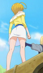 Rule 34 | 10s, 1girl, ahoge, bare shoulders, blonde hair, blue sky, clenched hand, cloud, day, from behind, from below, haruyama kazunori, hugtto! precure, kagayaki homare, outdoors, precure, short hair, skirt, sky, solo focus, standing, white skirt
