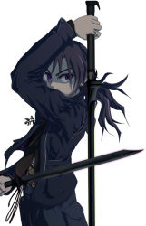 Rule 34 | 1girl, arm up, bayonet, belt, blue jacket, blue pants, brown hair, brown shirt, cargo pants, dual wielding, earrings, from side, holding, jacket, jewelry, katana, kuro (artifact beholder), long sleeves, necklace, original, pants, pendant, pocket, ponytail, purple eyes, purple hair, ring, shirt, simple background, solo, sword, tooth necklace, weapon, white background, zipper