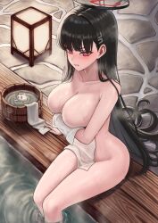 Rule 34 | 1girl, absurdres, armpit crease, arms under breasts, black hair, black halo, blue archive, blush, breasts, bright pupils, bucket, cleavage, closed mouth, collarbone, completely nude, covering privates, hair behind ear, hair ornament, hairclip, halo, highres, holding, holding towel, ilbanseomin, lantern, large breasts, long hair, looking at viewer, nude, nude cover, onsen, peroro (blue archive), red eyes, rio (blue archive), ripples, sitting, soaking feet, solo, steam, stone floor, towel, v-shaped eyebrows, very long hair, water, water drop, wet, white pupils, white towel, wooden bucket, wooden lantern